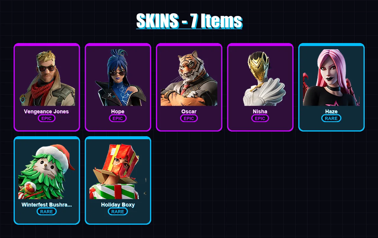 [PC/PSN] | Vengeance Jones | Hope | Oscar | Nisha | Haze | 7 skin | 13 pickaxe | 5 emote | 8 glider | Lv111