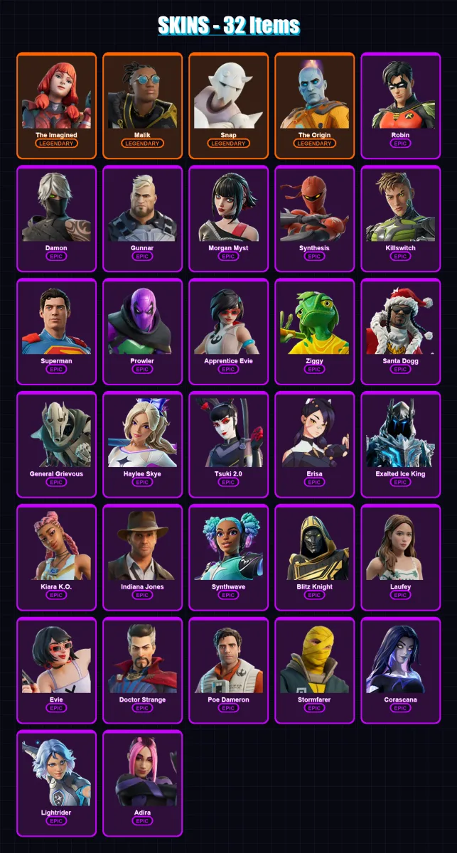 [PC] | The Imagined | Malik | Snap | The Origin | Robin | 32 skin | 56 pickaxe | 34 emote | 44 glider | Lv629 — Fortnite account