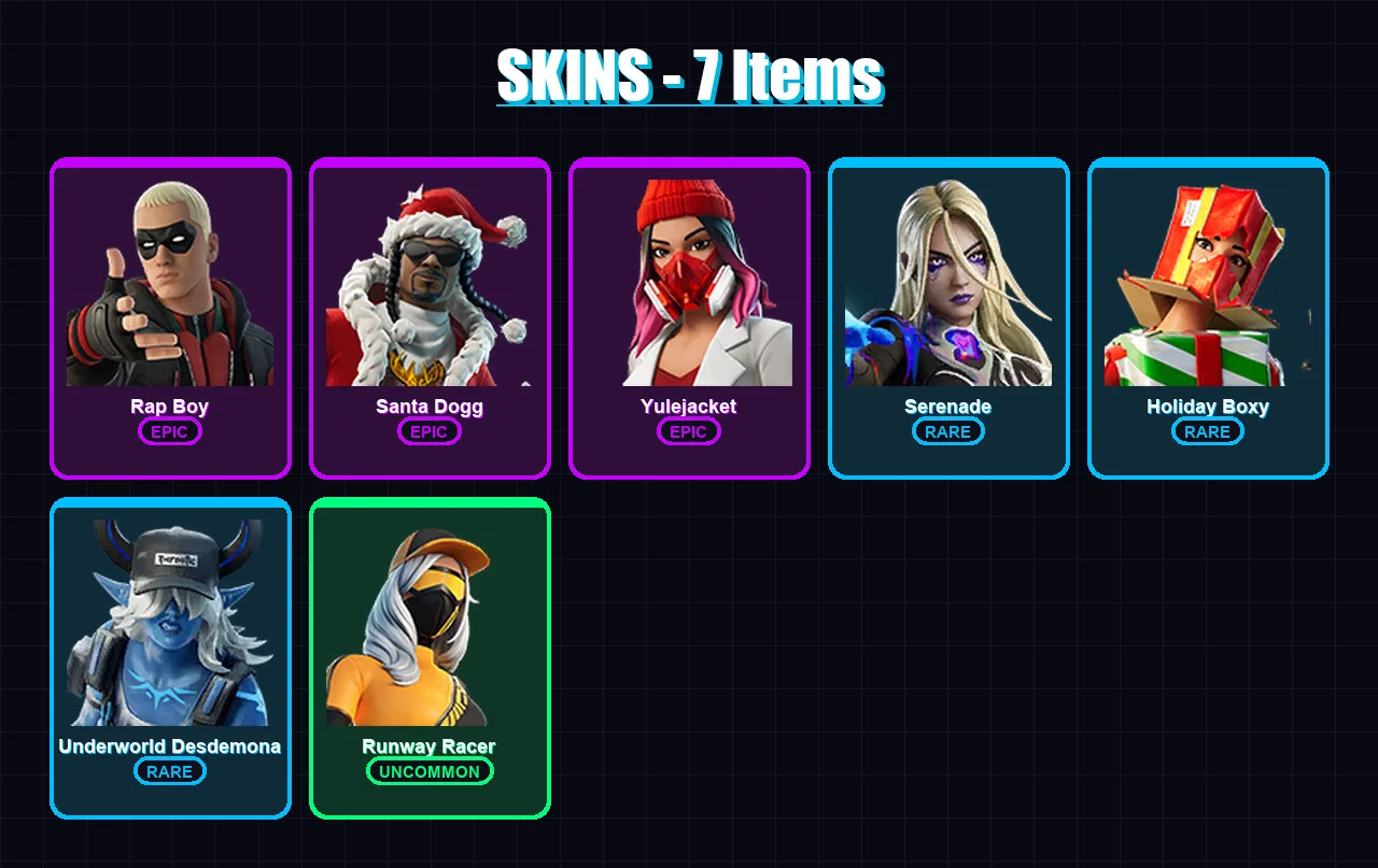 [PC/XBOX/PSN] | Rap Boy | Santa Dogg | Yulejacket | Serenade | Holiday Boxy | 7 skin | 26 pickaxe | 13 emote | 24 glider | Lv308