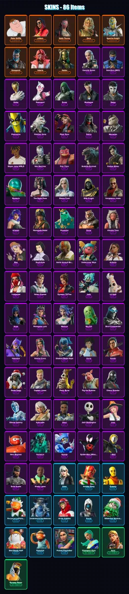 [PC/XBOX] | Peter Griffin | Joltara | Kado Thorne | Zeus | Spectra Knight | 86 skin | 151 pickaxe | 99 emote | 107 glider | Lv2532