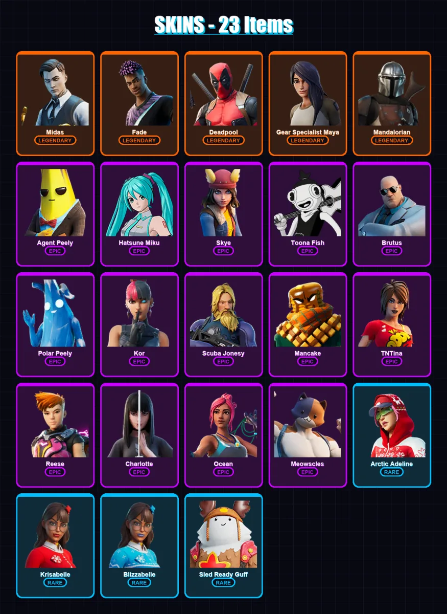 [PC/XBOX/PSN] | Midas | Fade | Deadpool | Gear Specialist Maya | Mandalorian | 23 skin | 52 pickaxe | 49 emote | 51 glider | Lv678