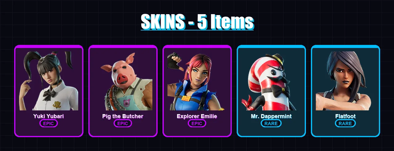 [PS4/PS5/PC] | Yuki Yubari | Pig the Butcher | Explorer Emilie | Mr. Dappermint | Flatfoot | 5 skin | 13 pickaxe | 9 emote | 13 glider | Lv113