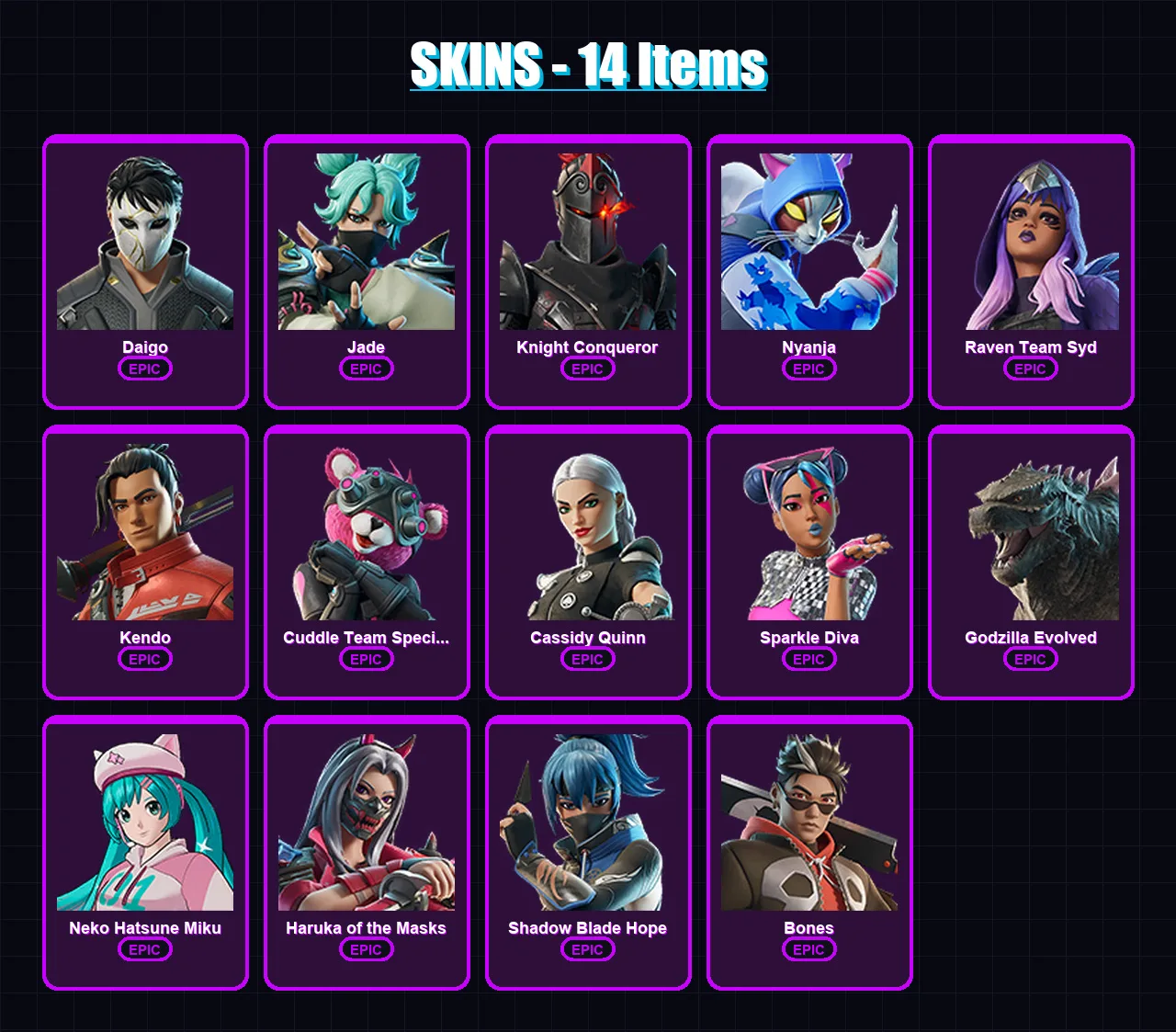 [PC/XBOX/PSN] | Daigo | Jade | Knight Conqueror | Nyanja | Raven Team Syd | 14 skin | 39 pickaxe | 23 emote | 24 glider | Lv255