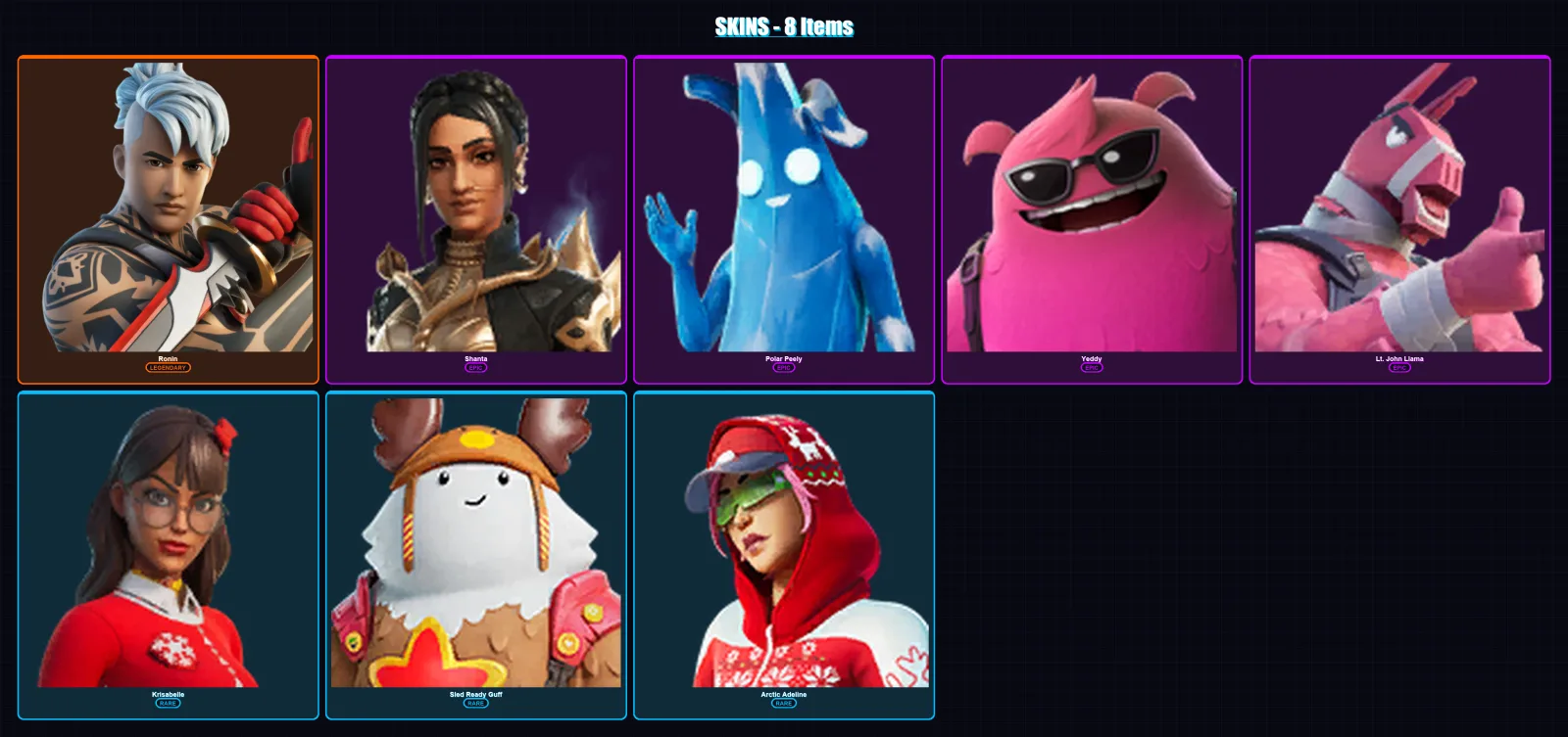 [PC/XBOX/PSN] | Ronin | Shanta | Polar Peely | Yeddy | Lt. John Llama | 8 skin | 19 pickaxe | 11 emote | 21 glider | Lv272