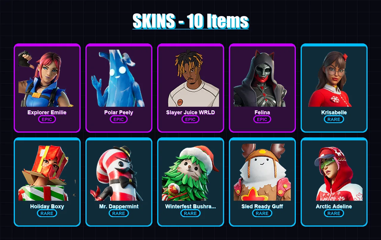 [PS4/PS5/XBOX/PC] | Explorer Emilie | Polar Peely | Slayer Juice WRLD | Felina | Krisabelle | 10 skin | 33 pickaxe | 24 emote | 36 glider | Lv408