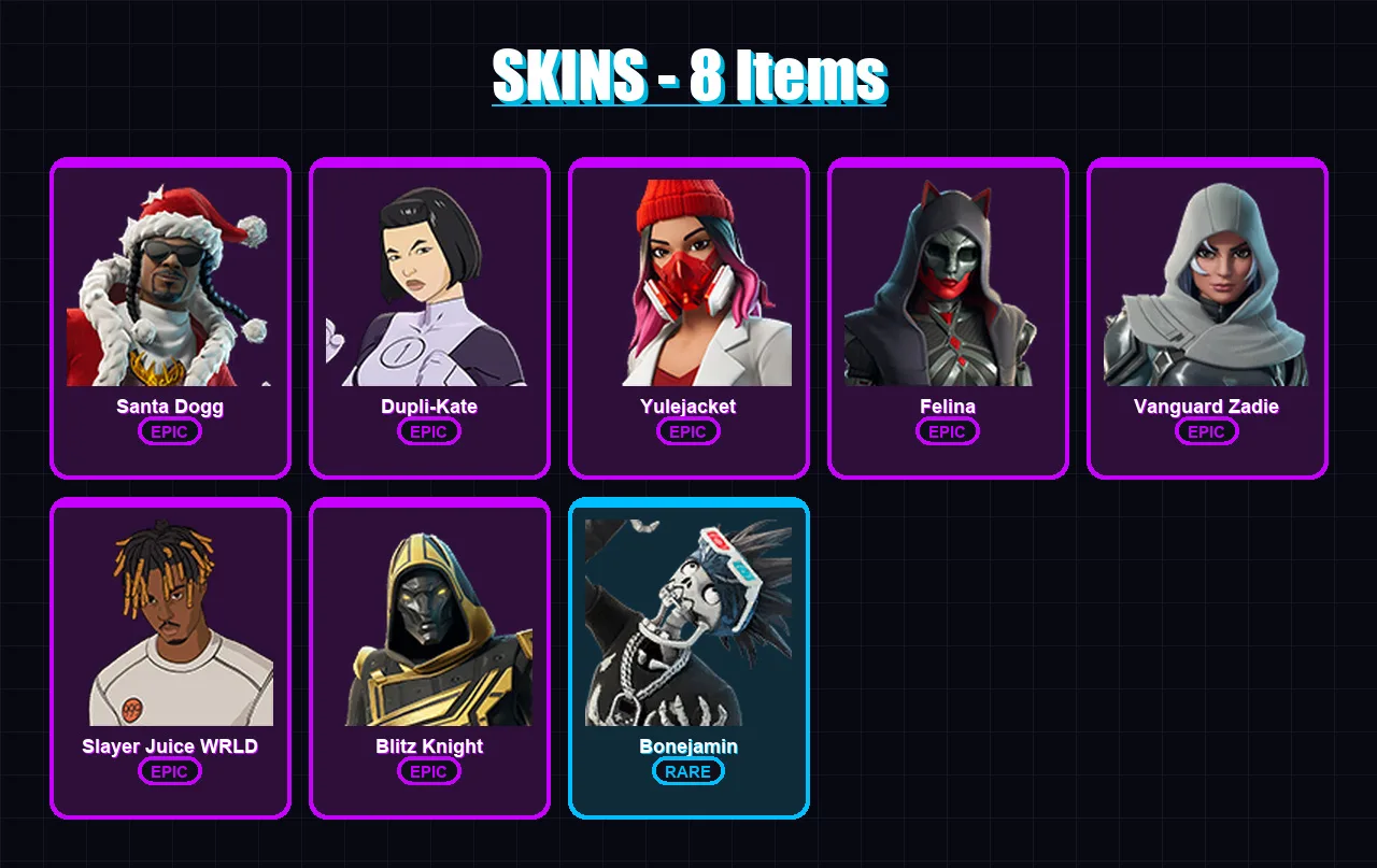 [PC/XBOX/PSN] | Santa Dogg | Dupli-Kate | Yulejacket | Felina | Vanguard Zadie | 8 skin | 53 pickaxe | 23 emote | 39 glider | Lv743