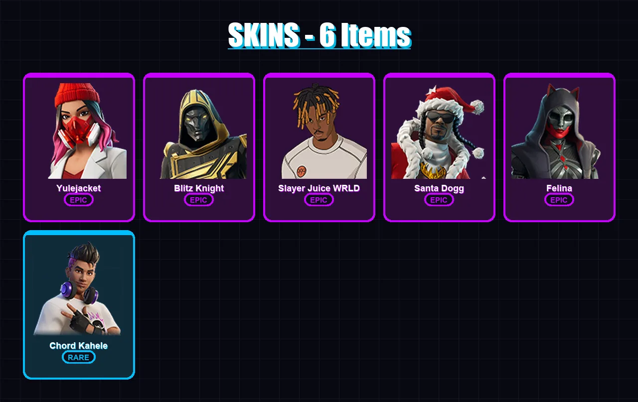 [PC/XBOX/PSN] | Yulejacket | Blitz Knight | Slayer Juice WRLD | Santa Dogg | Felina | 6 skin | 43 pickaxe | 14 emote | 27 glider | Lv303