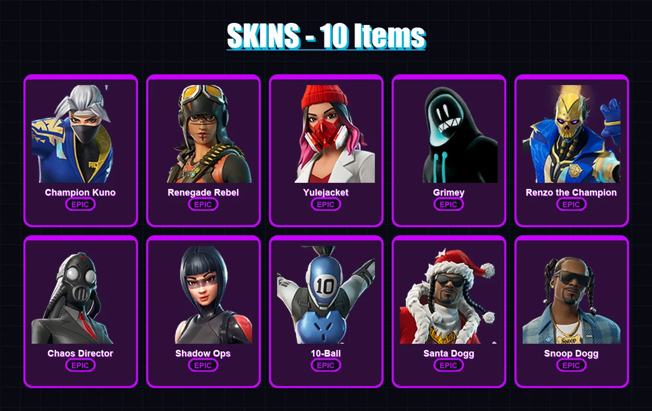 [PC/XBOX] | Champion Kuno | Renegade Rebel | Yulejacket | Grimey | Renzo the Champion | 10 skin | 18 pickaxe | 8 emote | 9 glider | Lv49