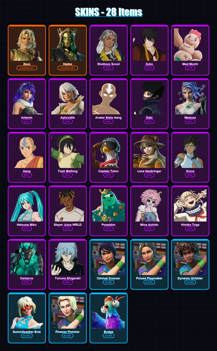 [PC/XBOX] | Zeus | Hades | Studious Scout | Zuko | Mad Mochi | 28 skin | 37 pickaxe | 21 emote | 18 glider | Lv300