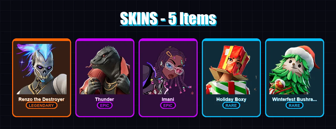 [PC/XBOX/PSN] | Renzo the Destroyer | Thunder | Imani | Holiday Boxy | Winterfest Bushranger | 5 skin | 9 pickaxe | 6 emote | 11 glider | Lv70