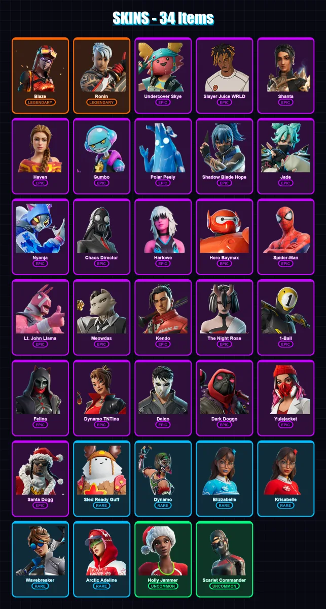 [PC/XBOX/PSN] | Blaze | Ronin | Undercover Skye | Slayer Juice WRLD | Shanta | 34 skin | 52 pickaxe | 33 emote | 37 glider | Lv501