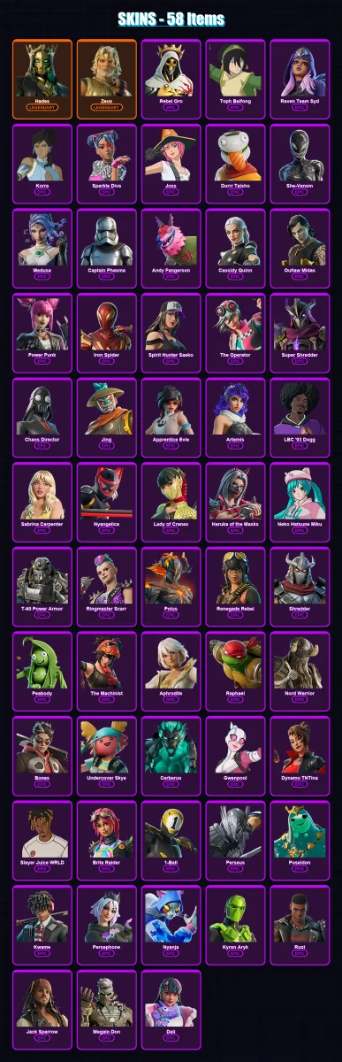 [PC/XBOX/PSN] | Hades | Zeus | Rebel Oro | Toph Beifong | Raven Team Syd | 58 skin | 65 pickaxe | 68 emote | 34 glider | Lv333