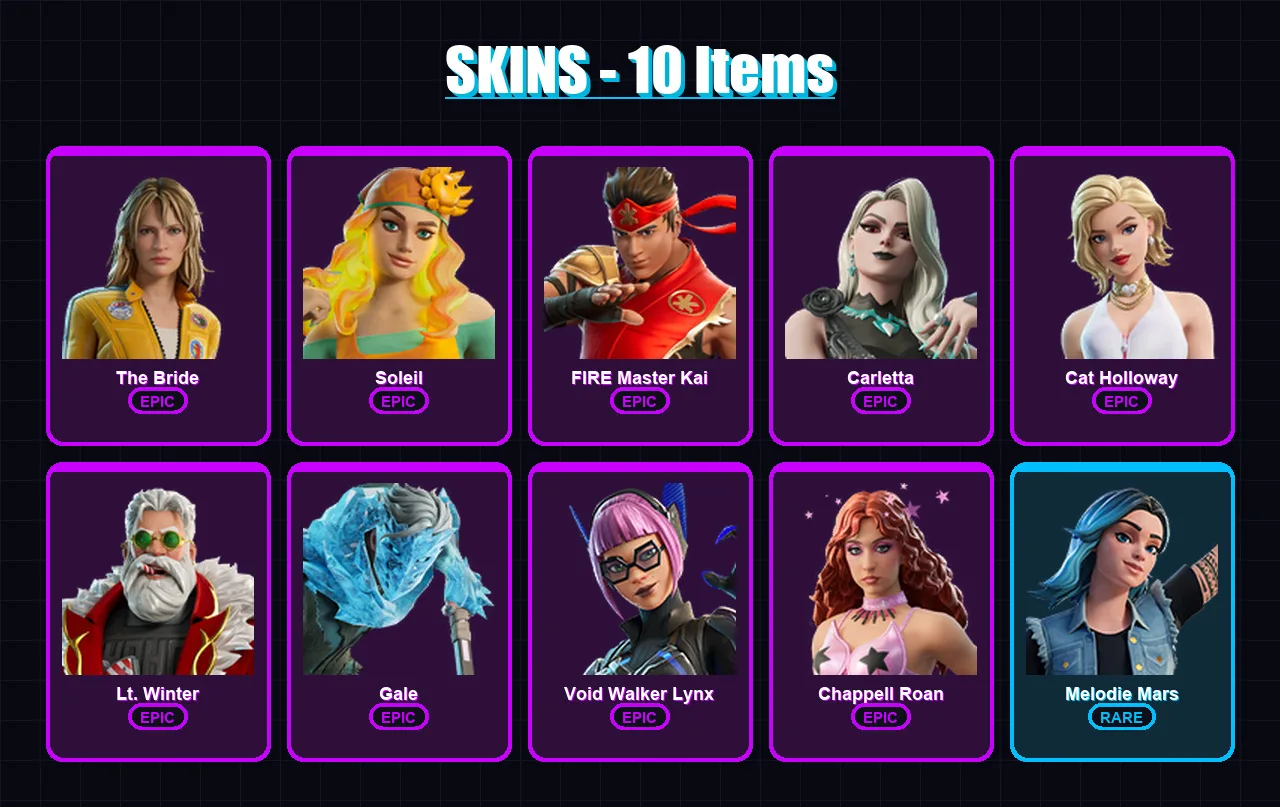 [PC/PSN] | The Bride | Soleil | FIRE Master Kai | Carletta | Cat Holloway | 10 skin | 11 pickaxe | 8 emote | 4 glider | Lv25