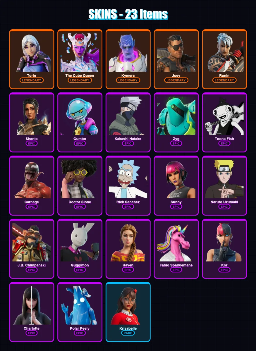 [PS4/PS5/XBOX/PC] | Torin | The Cube Queen | Kymera | Joey | Ronin | 23 skin | 22 pickaxe | 21 emote | 25 glider | Lv359