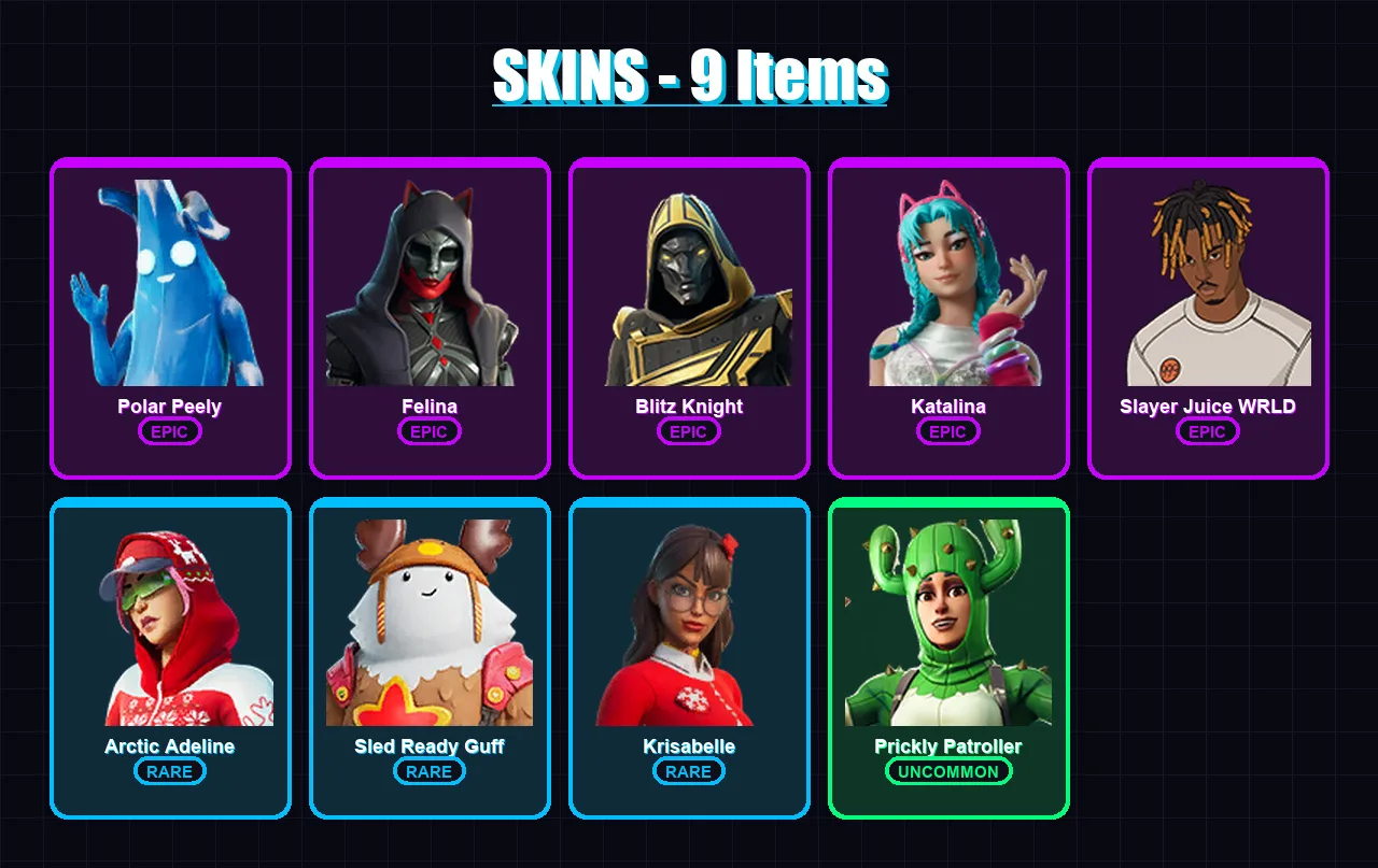 [PC/PSN] | Polar Peely | Felina | Blitz Knight | Katalina | Slayer Juice WRLD | 9 skin | 63 pickaxe | 28 emote | 40 glider | Lv477