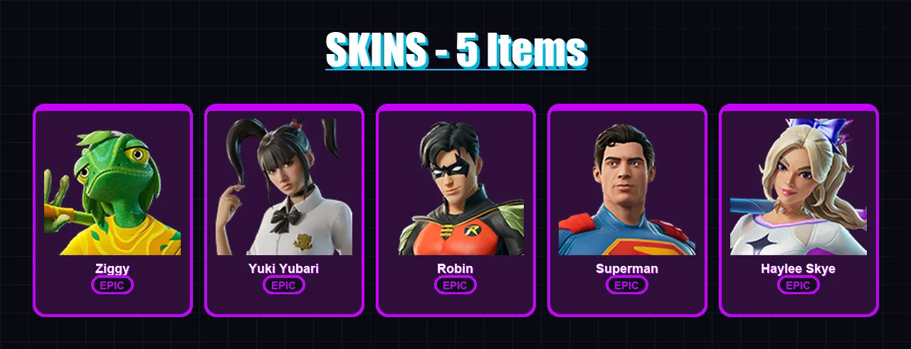 [PC/PSN] | Ziggy | Yuki Yubari | Robin | Superman | Haylee Skye | 5 skin | 21 pickaxe | 15 emote | 18 glider | Lv151