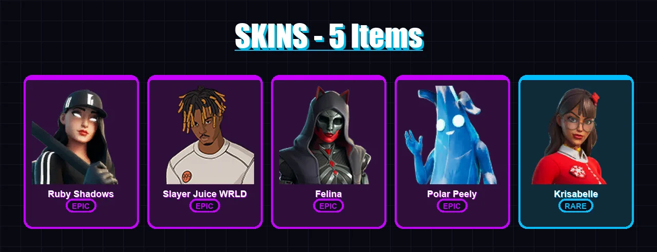 [PC/XBOX/PSN] | Ruby Shadows | Slayer Juice WRLD | Felina | Polar Peely | Krisabelle | 5 skin | 29 pickaxe | 23 emote | 25 glider | Lv604