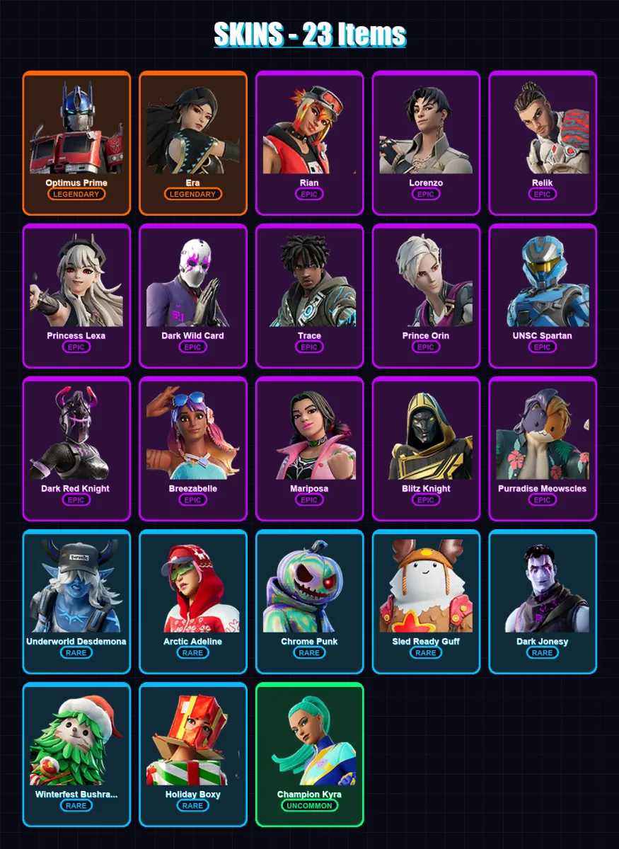 [SWITCH/PC] | Optimus Prime | Era | Rian | Lorenzo | Relik | 23 skin | 53 pickaxe | 33 emote | 51 glider | Lv1332 — Fortnite account