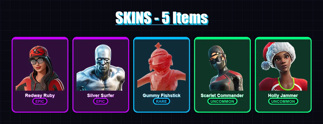 [PC/XBOX/PSN] | Redway Ruby | Silver Surfer | Gummy Fishstick | Scarlet Commander | Holly Jammer | 5 skin | 14 pickaxe | 5 emote | 9 glider | Lv100