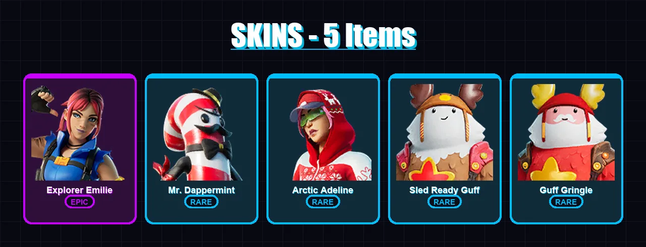 [PC/XBOX/PSN] | Explorer Emilie | Mr. Dappermint | Arctic Adeline | Sled Ready Guff | Guff Gringle | 5 skin | 6 pickaxe | 5 emote | 7 glider | Lv58