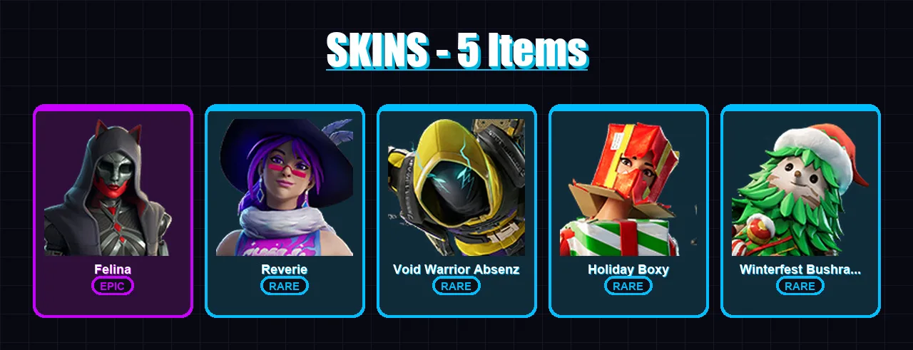 [PC/PSN] | Felina | Reverie | Void Warrior Absenz | Holiday Boxy | Winterfest Bushranger | 5 skin | 10 pickaxe | 5 emote | 8 glider | Lv99