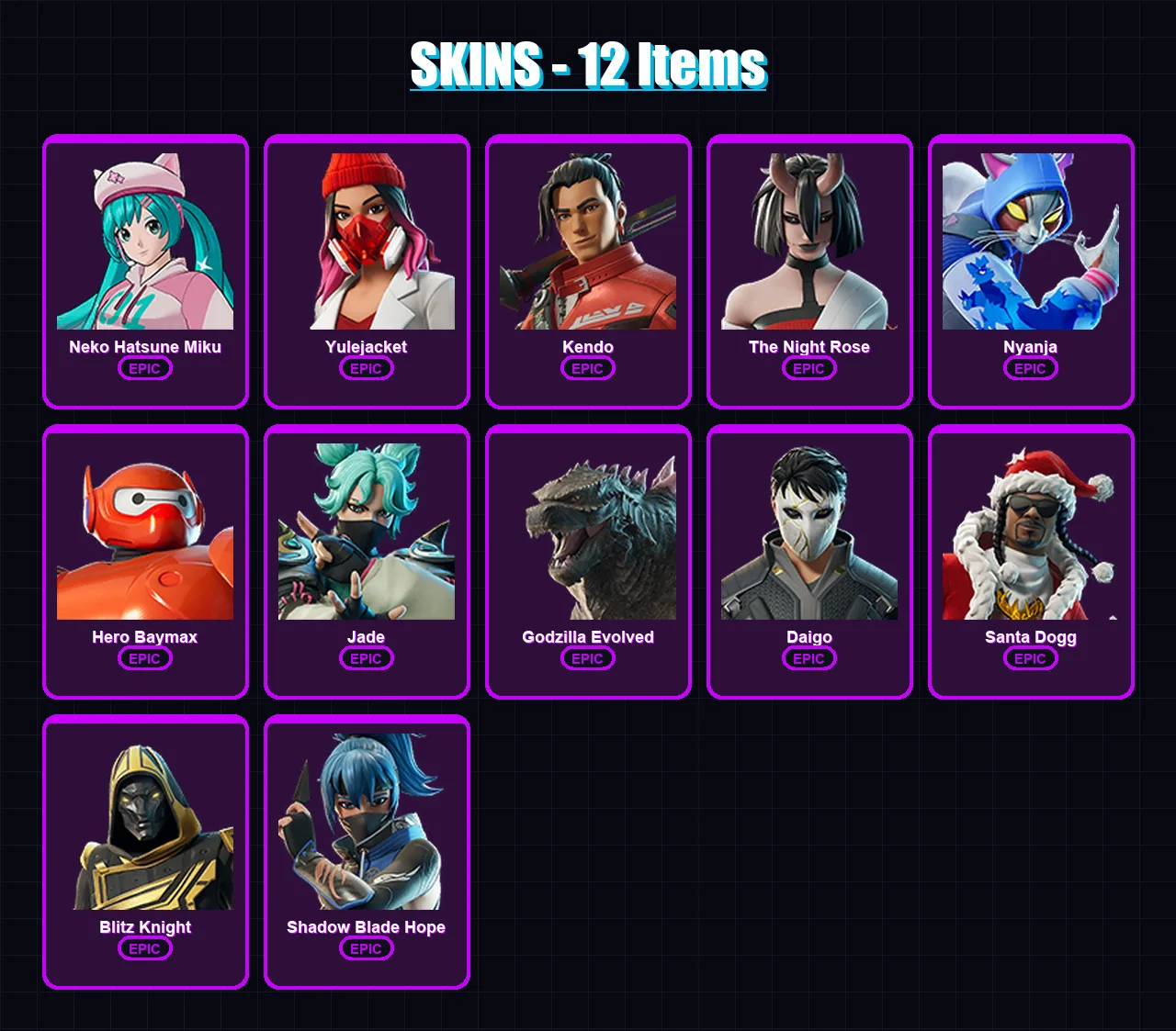 [PC/PSN] | Neko Hatsune Miku | Yulejacket | Kendo | The Night Rose | Nyanja | 12 skin | 36 pickaxe | 22 emote | 20 glider | Lv241