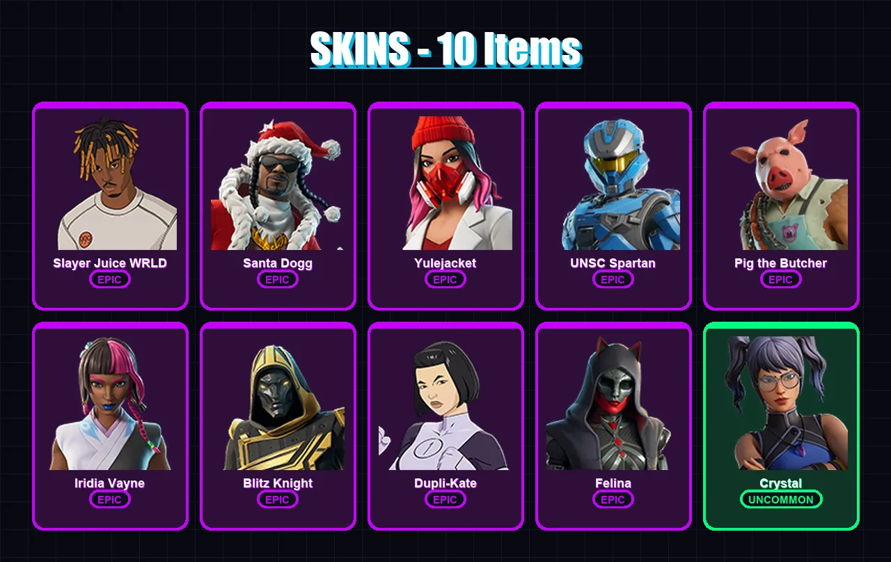 [PC/XBOX/PSN] | Slayer Juice WRLD | Santa Dogg | Yulejacket | UNSC Spartan | Pig the Butcher | 10 skin | 92 pickaxe | 36 emote | 55 glider | Lv1397