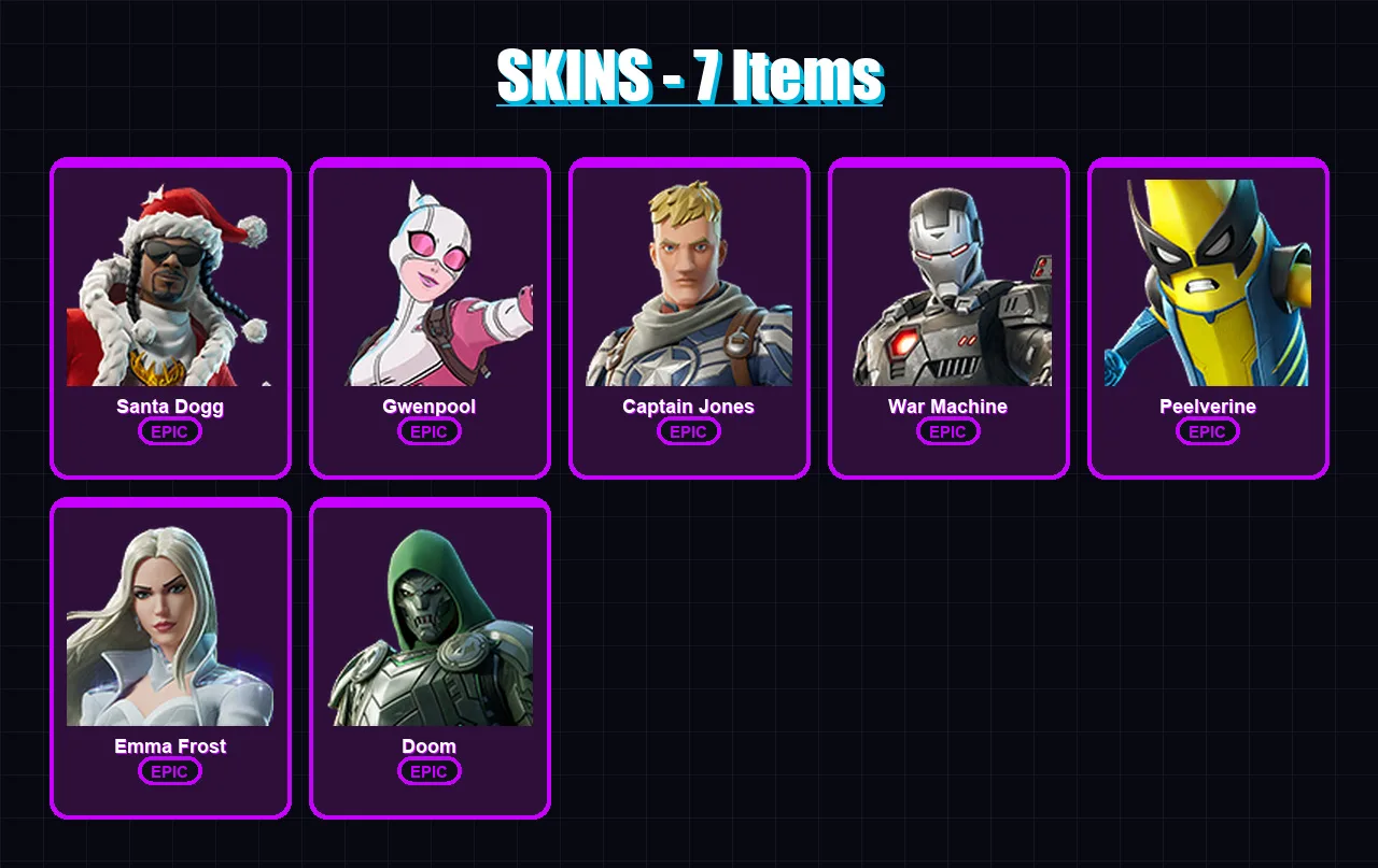 [PC/PSN] | Santa Dogg | Gwenpool | Captain Jones | War Machine | Peelverine | 7 skin | 10 pickaxe | 10 emote | 13 glider | Lv92