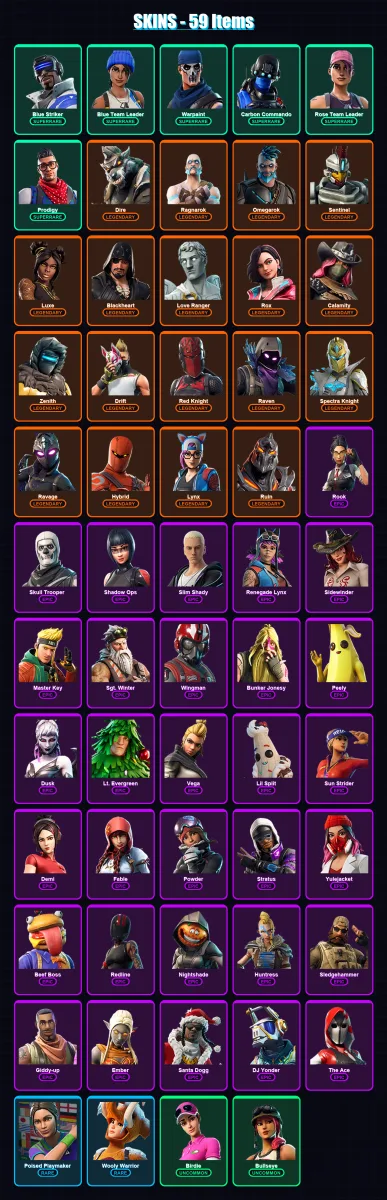 [PC/XBOX/PSN] | Blue Striker | Blue Team Leader | Warpaint | Carbon Commando | Rose Team Leader | 59 skin | 62 pickaxe | 103 emote | 72 glider | Lv8