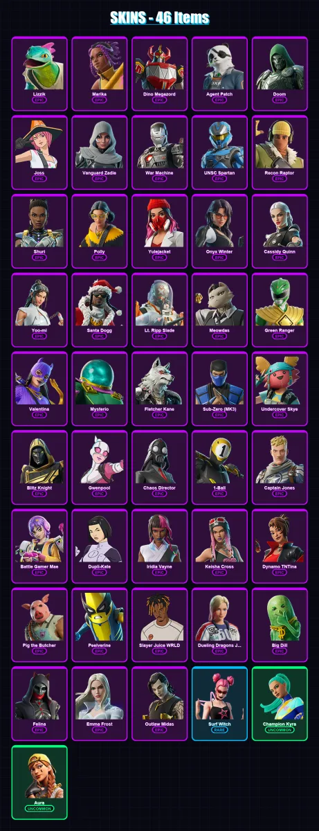 [PS4/PS5/XBOX/PC] | Lizzik | Marika | Dino Megazord | Agent Patch | Doom | 46 skin | 105 pickaxe | 54 emote | 59 glider | Lv1180