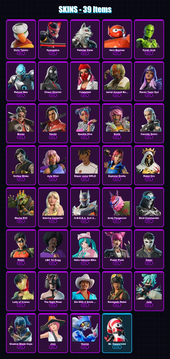 [PS4/PS5/PC] | Durrr Taisho | Nyangelica | Fletcher Kane | Hero Baymax | Kyran Aryk | 39 skin | 42 pickaxe | 27 emote | 25 glider | Lv193