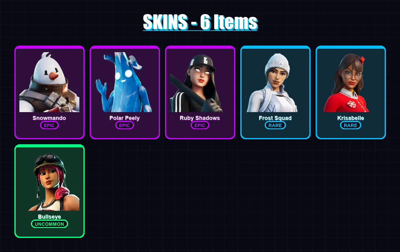 [PC/XBOX/PSN] | Snowmando | Polar Peely | Ruby Shadows | Frost Squad | Krisabelle | 6 skin | 19 pickaxe | 23 emote | 20 glider | Lv480