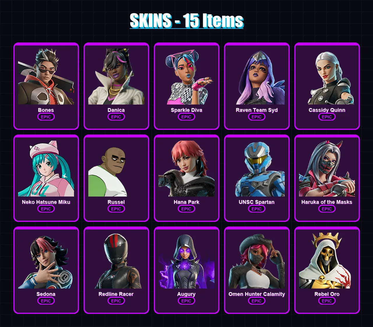 [PC/XBOX/PSN] | Bones | Danica | Sparkle Diva | Raven Team Syd | Cassidy Quinn | 15 skin | 6 pickaxe | 2 emote | 1 glider | Lv5
