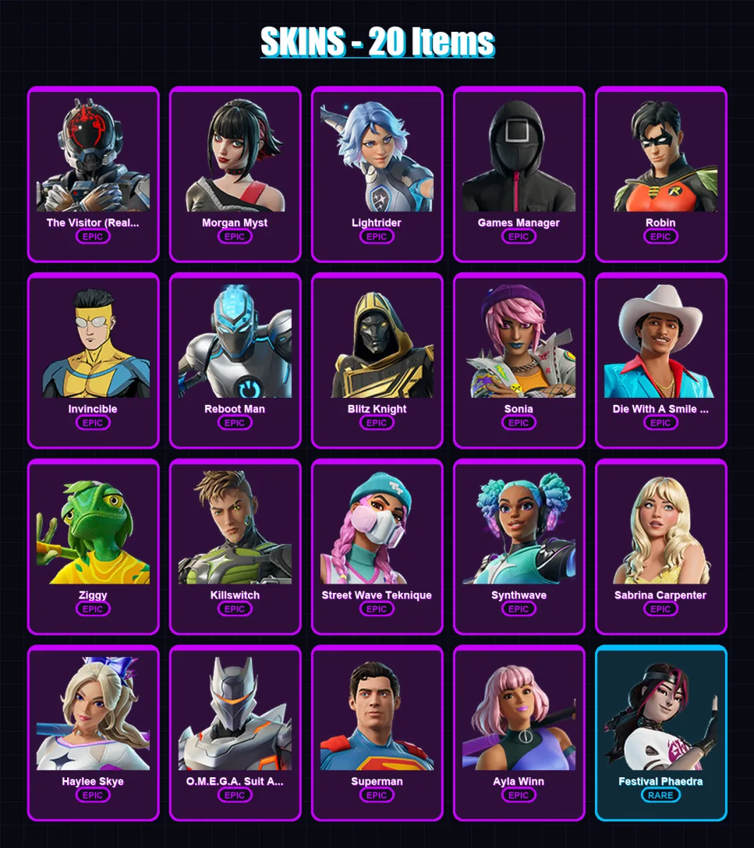 [PC/PSN] | The Visitor (Reality Unknown) | Morgan Myst | Lightrider | Games Manager | Robin | 20 skin | 35 pickaxe | 31 emote | 20 glider | Lv279