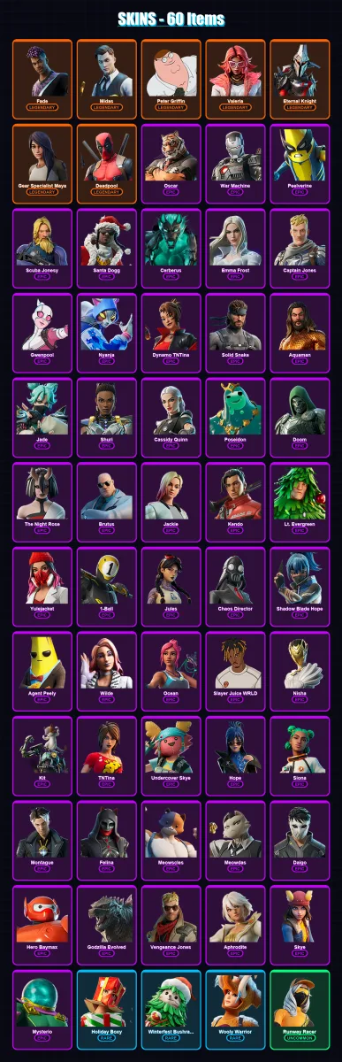 [PS4/PS5/XBOX/PC] | Fade | Midas | Peter Griffin | Valeria | Eternal Knight | 60 skin | 90 pickaxe | 77 emote | 78 glider | Lv1387