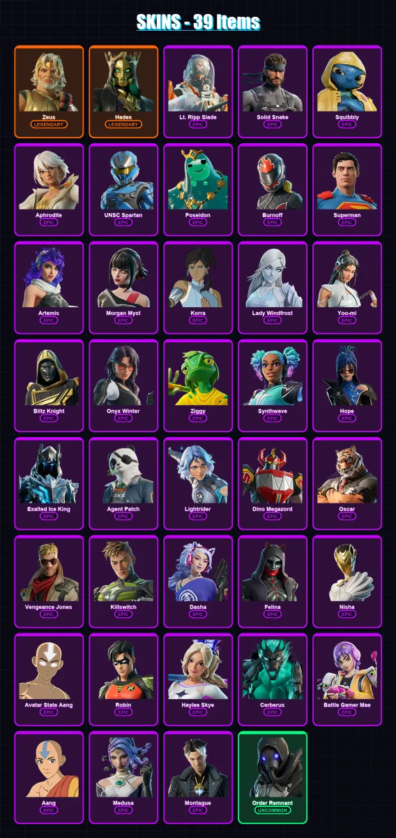 [PS4/PS5/XBOX/PC] | Zeus | Hades | Lt. Ripp Slade | Solid Snake | Squibbly | 39 skin | 81 pickaxe | 54 emote | 52 glider | Lv739