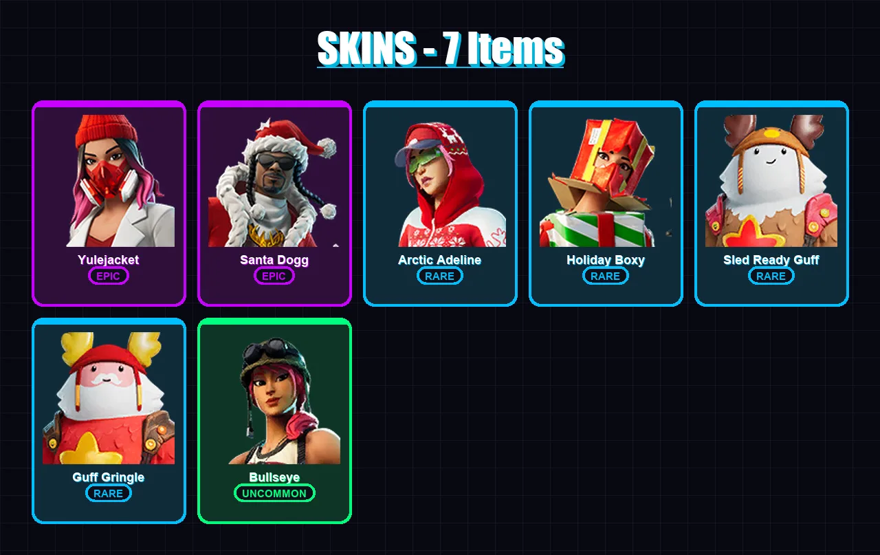 [PC/XBOX/PSN] | Yulejacket | Santa Dogg | Arctic Adeline | Holiday Boxy | Sled Ready Guff | 7 skin | 18 pickaxe | 9 emote | 22 glider | Lv281