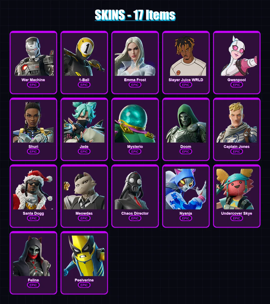 [PC/XBOX/PSN] | War Machine | 1-Ball | Emma Frost | Slayer Juice WRLD | Gwenpool | 17 skin | 47 pickaxe | 27 emote | 30 glider | Lv334