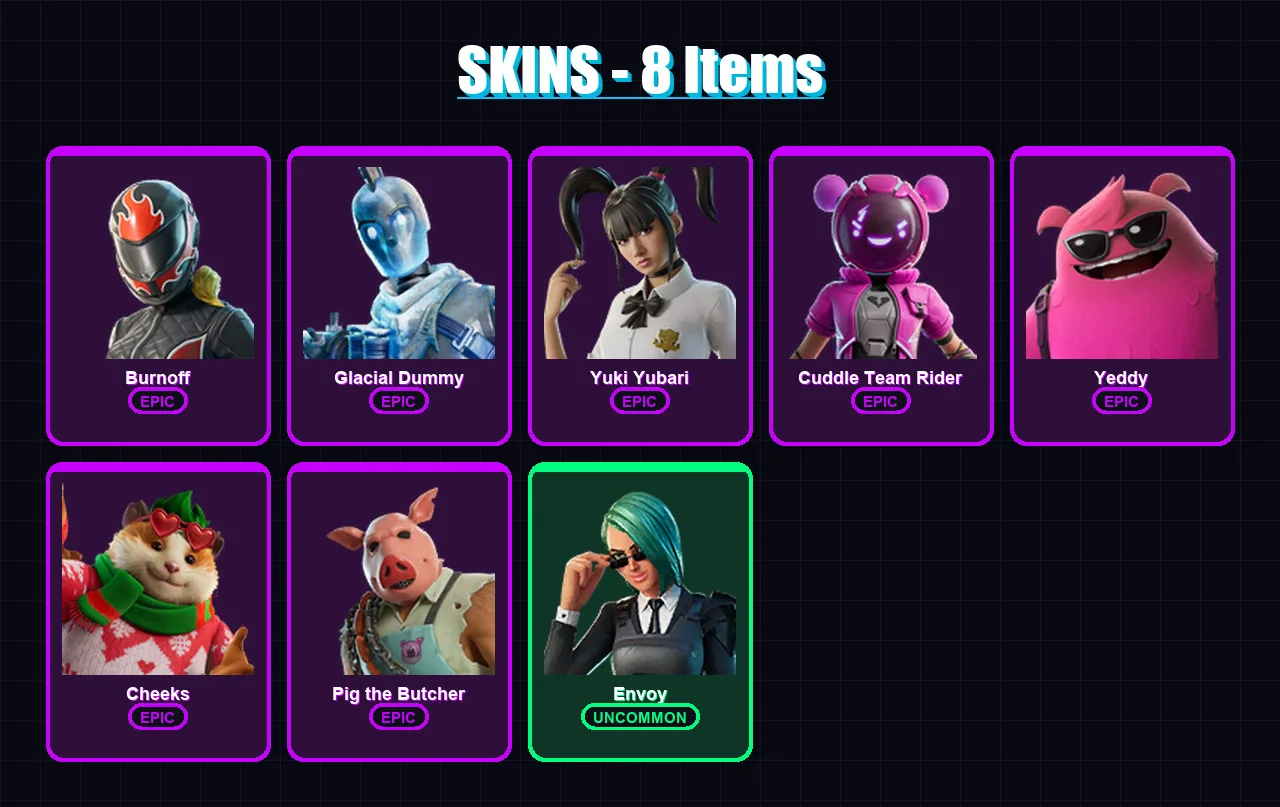 [PS4/PS5/XBOX/PC] | Burnoff | Glacial Dummy | Yuki Yubari | Cuddle Team Rider | Yeddy | 8 skin | 39 pickaxe | 15 emote | 24 glider | Lv335