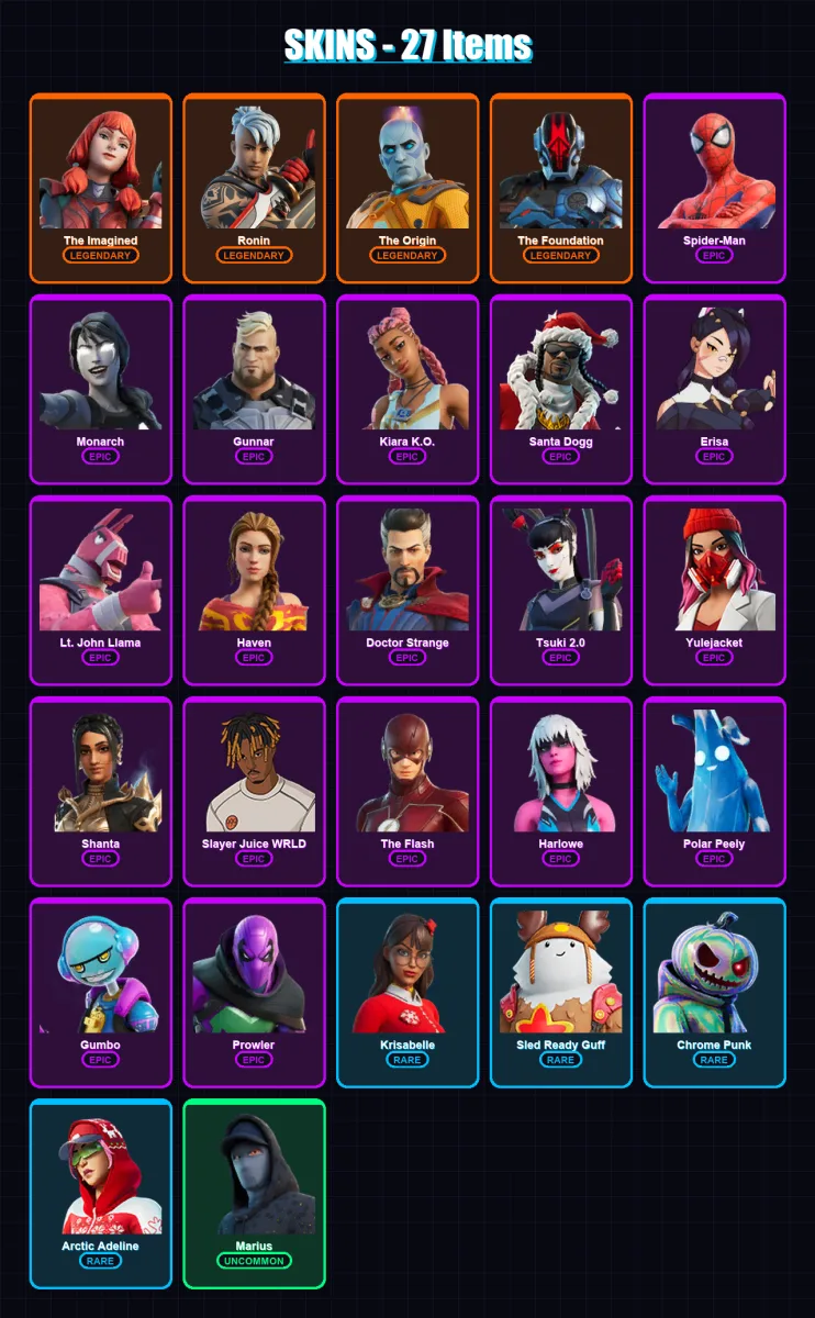 [PC/PSN] | The Imagined | Ronin | The Origin | The Foundation | Spider-Man | 27 skin | 47 pickaxe | 38 emote | 38 glider | Lv722