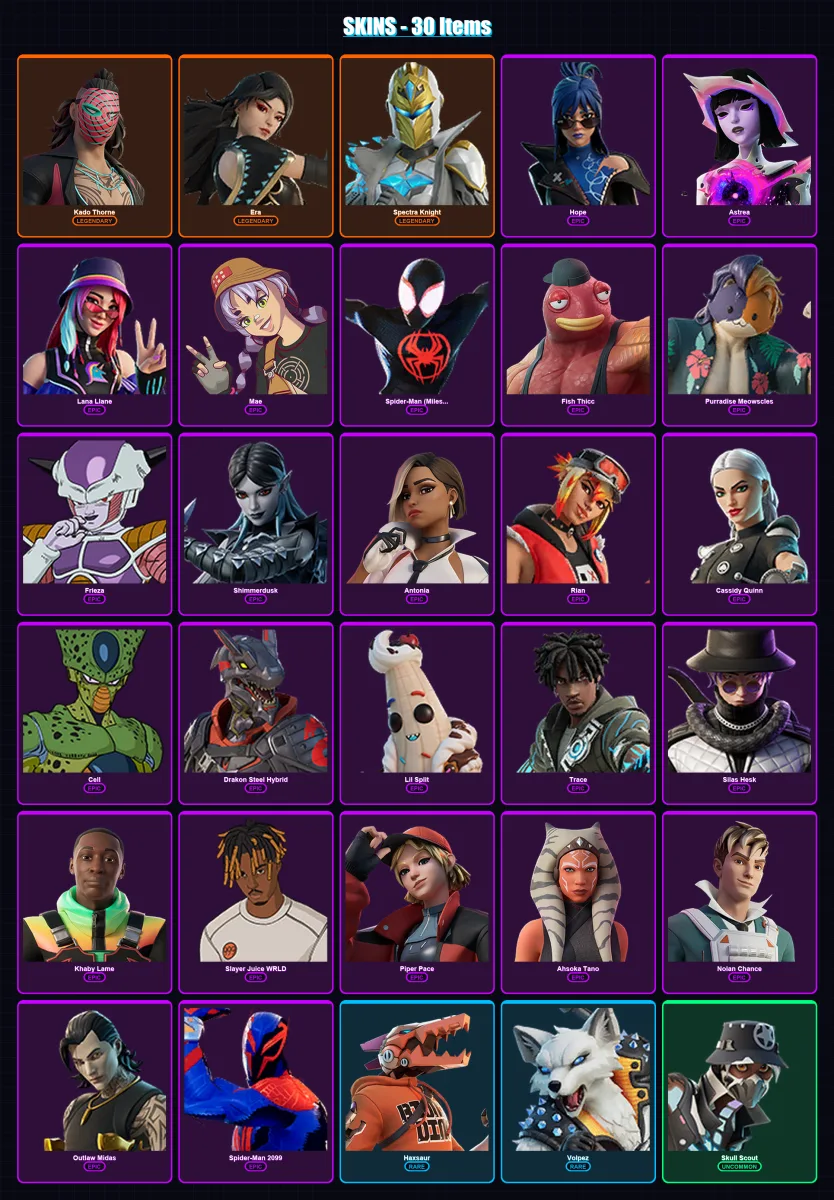 [PC] | Kado Thorne | Era | Spectra Knight | Hope | Astrea | 30 skin | 41 pickaxe | 29 emote | 23 glider | Lv328