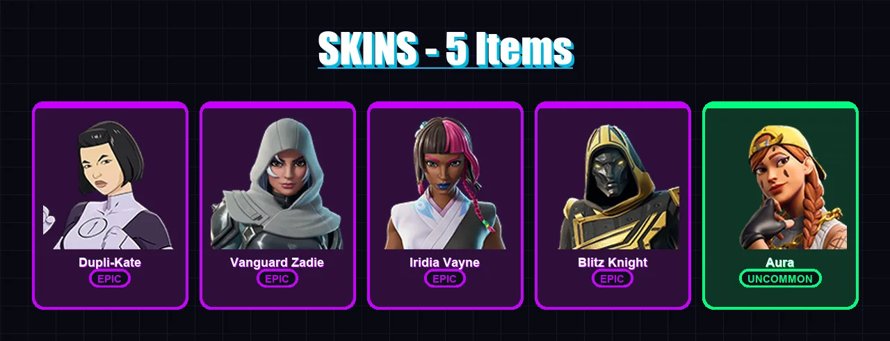 [PC/XBOX/PSN] | Dupli-Kate | Vanguard Zadie | Iridia Vayne | Blitz Knight | Aura | 5 skin | 45 pickaxe | 21 emote | 26 glider | Lv809