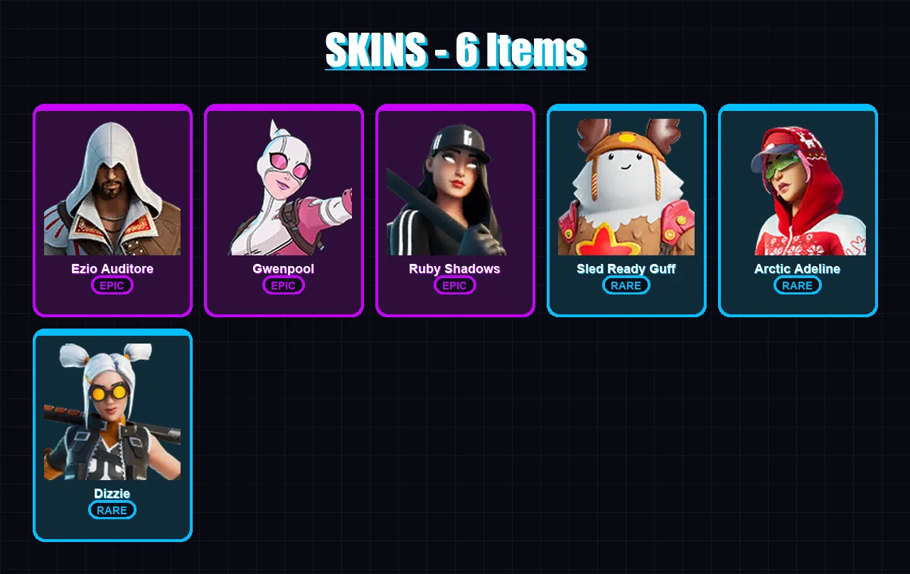 [PC/XBOX/PSN] | Ezio Auditore | Gwenpool | Ruby Shadows | Sled Ready Guff | Arctic Adeline | 6 skin | 8 pickaxe | 6 emote | 7 glider | Lv73