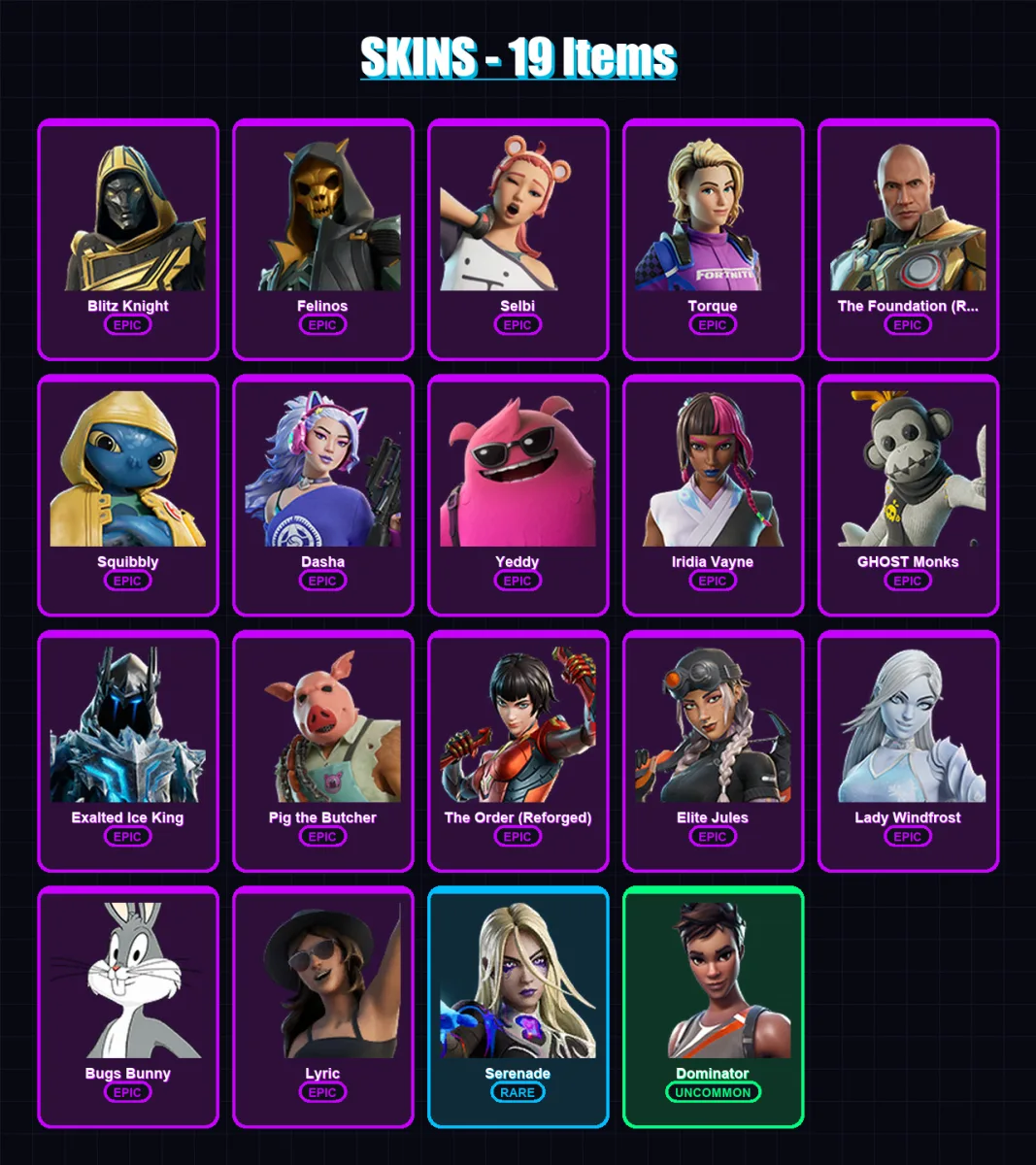 [PC/XBOX] | Blitz Knight | Felinos | Selbi | Torque | The Foundation (Reforged) | 19 skin | 63 pickaxe | 30 emote | 38 glider | Lv784