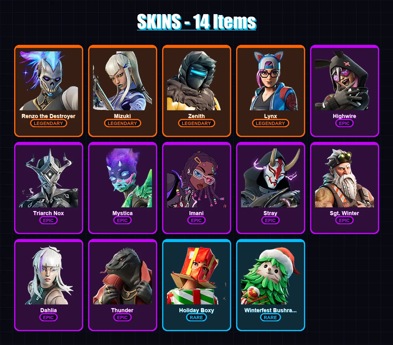 [PC/XBOX/PSN] | Renzo the Destroyer | Mizuki | Zenith | Lynx | Highwire | 14 skin | 15 pickaxe | 12 emote | 18 glider | Lv192