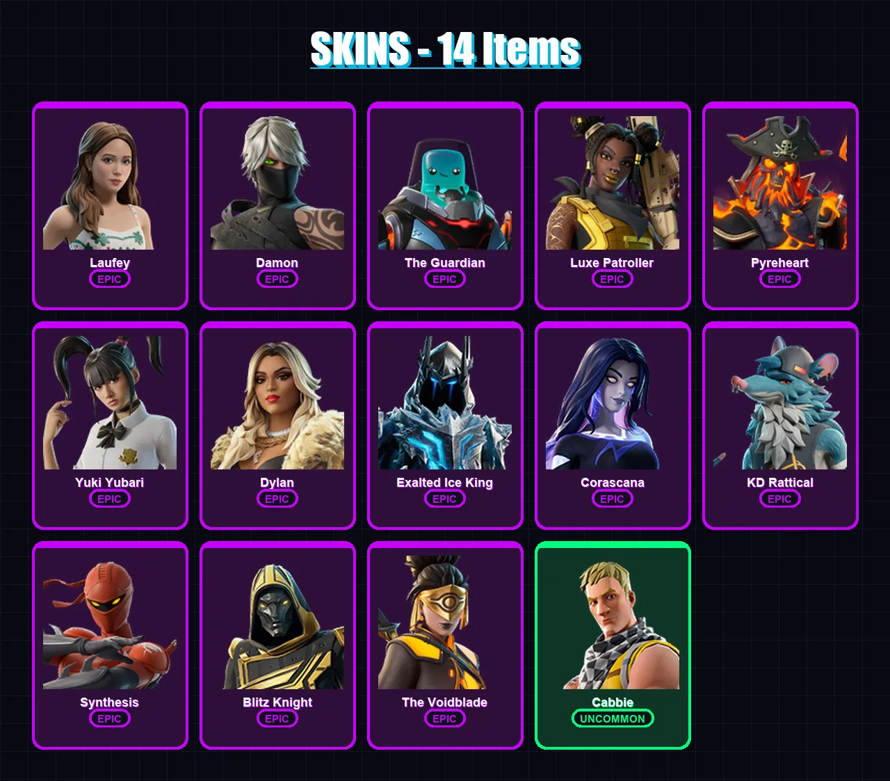 [PC/PSN] | Laufey | Damon | The Guardian | Luxe Patroller | Pyreheart | 14 skin | 31 pickaxe | 14 emote | 16 glider | Lv144