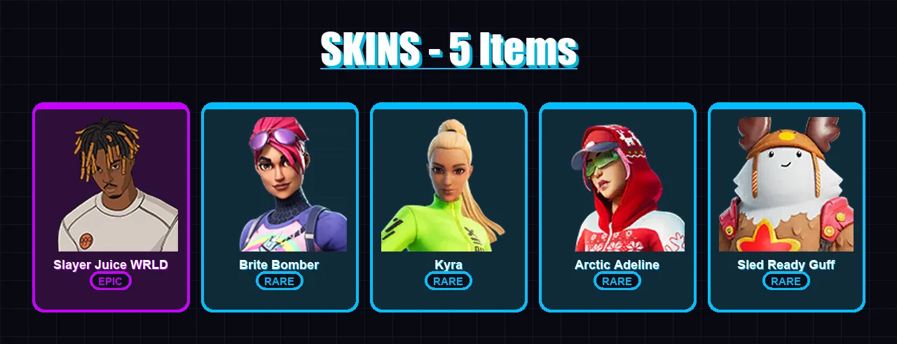 [PC/XBOX/PSN] | Slayer Juice WRLD | Brite Bomber | Kyra | Arctic Adeline | Sled Ready Guff | 5 skin | 15 pickaxe | 7 emote | 14 glider | Lv218