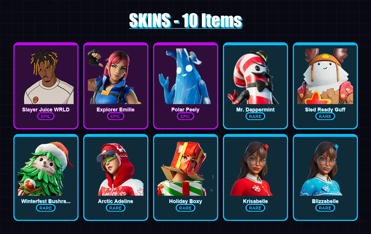 [PC/XBOX/PSN] | Slayer Juice WRLD | Explorer Emilie | Polar Peely | 10 skin | Lv266