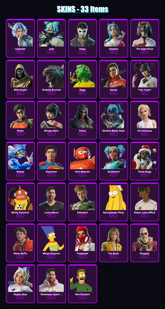 [PS4/PS5/XBOX/PC] | Lightrider | Jade | Daigo | Katalina | The Night Rose | 33 skin | 82 pickaxe | 44 emote | 51 glider | Lv771