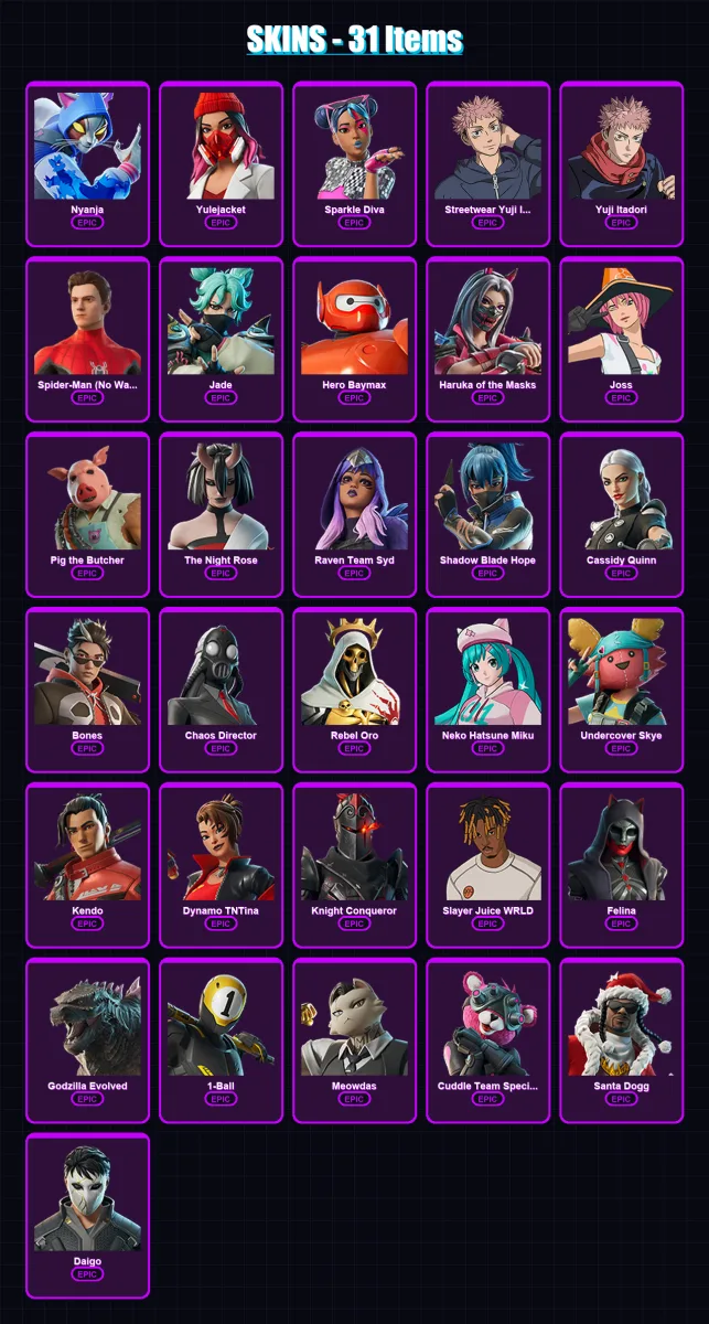 [PC/XBOX/PSN] | Nyanja | Yulejacket | Sparkle Diva | Streetwear Yuji Itadori | Yuji Itadori | 31 skin | 54 pickaxe | 34 emote | 35 glider | Lv370 — Fortnite account
